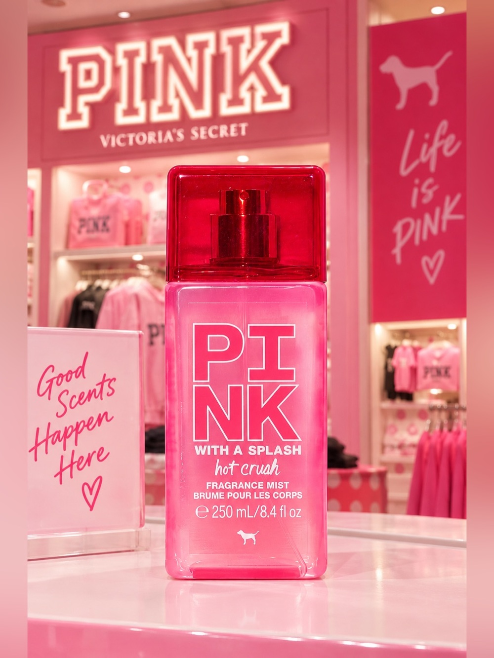 VS PINK Hot Crush Fragrance Mist 8.4 fl oz – White Peach & Warm Amber Body Spray